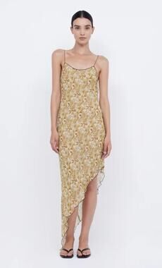 Bec + Bridge Florentine Asymmetric Golden Blurred Floral Silk Midi Dress Size 8